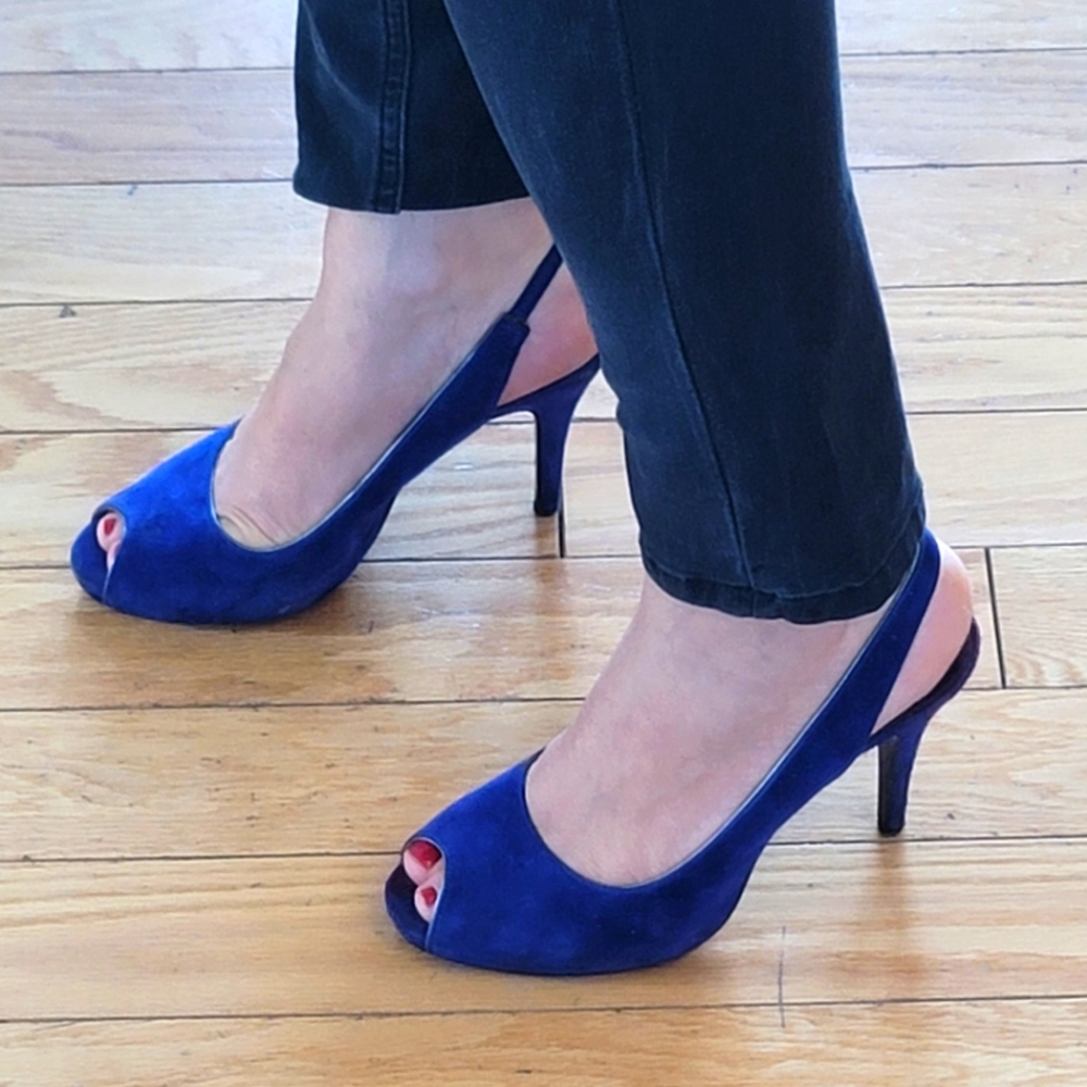 Indigo blue open toe heels from Nine West size 7
